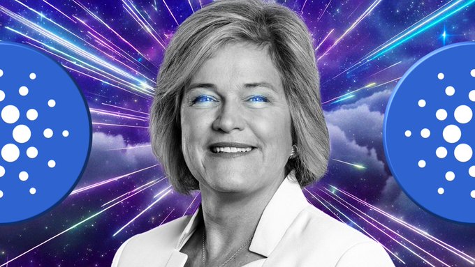 A grayscale portrait of a smiling woman with short hair, flanked by two Cardano (ADA) logos against a vibrant cosmic background, relates to the post's coverage of bullish daily Cardano news and Franklin Templeton's announced demand for crypto products.