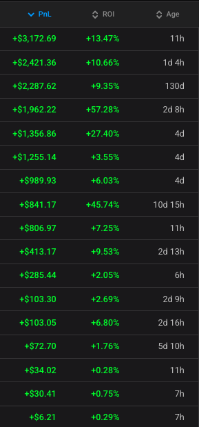 A table of cryptocurrency or DeFi liquidity pool positions sorted by Profit and Loss (PnL) in descending order, showing values ranging from +$3,172.69 (with +13.47% ROI over 11 hours) down to +$6.21 (with +0.29% ROI over 7 hours). The image illustrates the post's message about conservative LP strategies by displaying multiple profitable positions with modest but steady returns, demonstrating how consistent moderate gains accumulate over varying timeframes.