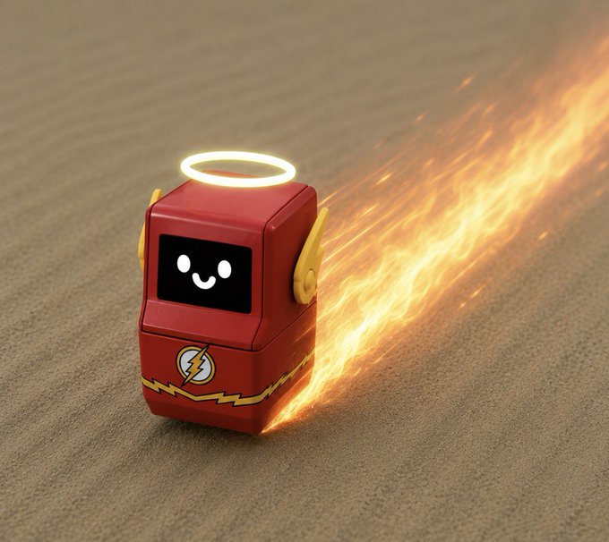 A small red robot with a glowing halo, smiling digital face, and a lightning bolt logo on its chest, leaving a trail of fire as it slides across sandy ground.