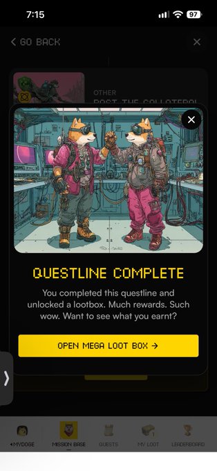A mobile screenshot from a video game showing a 'QUESTLINE COMPLETE' notification with an illustration of two anthropomorphic animal characters high-fiving in a sci-fi setting, prompting the user to 'OPEN MEGA LOOT BOX'.