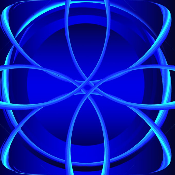 An abstract digital graphic featuring intertwining blue neon-like rings or loops forming a geometric pattern against a dark blue background.