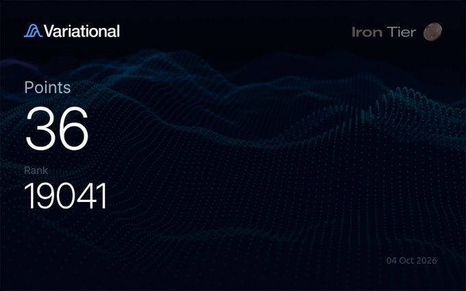 A dark dashboard screenshot from 'Variational' showing 'Points 36' and 'Rank 19041' at 'Iron Tier', dated '04 Oct 2026'.