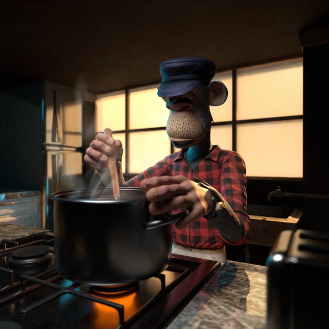 A 3D-rendered anthropomorphic monkey wearing a conductor's cap and red plaid shirt is stirring a large steaming pot on a stove in a dimly lit kitchen.