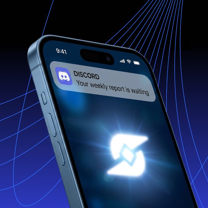 A smartphone displaying a Discord notification: 'Your weekly report is waiting,' with the glowing Discord logo on a dark blue background.