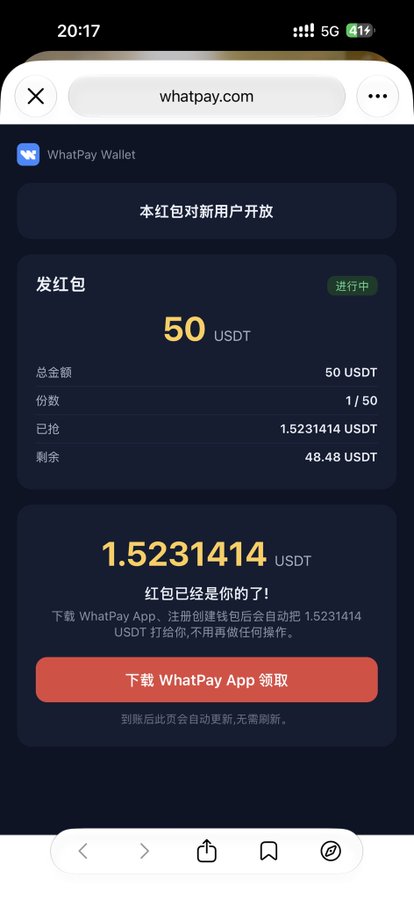 A mobile screenshot of whatpay.com showing a Chinese red packet (红包) promotion from WhatPay Wallet offering 50 USDT, with 1.5231414 USDT already claimed, and a red button reading "下载 WhatPay App 领取" (Download WhatPay App to claim).