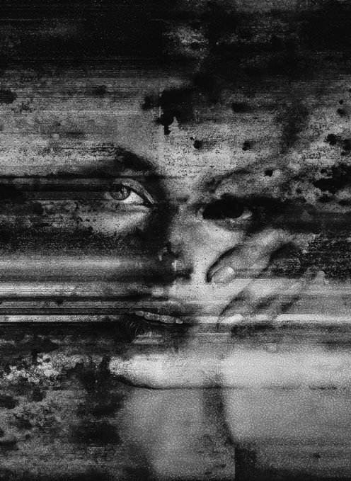A dark, grainy black-and-white artistic portrait of a face partially obscured by horizontal streaks and textured overlays.