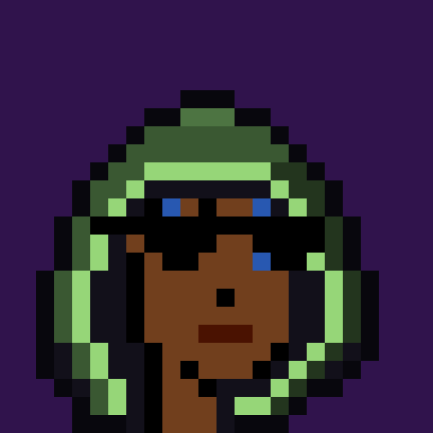 A pixel art illustration featuring a stylized portrait with green hair or a headdress against a dark purple background.
