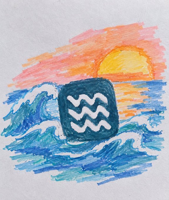 A colorful hand-drawn illustration depicts a dark blue Aquarius zodiac symbol (wavy water lines) set against a sunset scene with a yellow sun, orange sky, and blue ocean waves.
