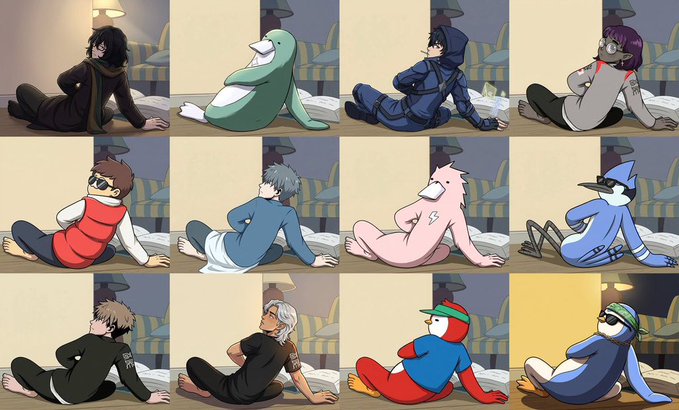 A grid of twelve anime-style illustrations shows various characters sitting and leaning back in similar poses across different colored backgrounds.