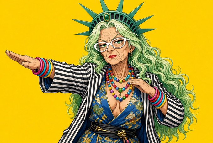 An elderly woman styled as the Statue of Liberty with green hair, white sunglasses, a spiked crown, colorful beaded necklaces, and a black-and-white striped kimono over a floral robe strikes a presenting pose against a yellow background. The image evokes themes of newfound American wealth and opportunity, fitting a post that promises an unprecedented bull market on PulseChain from 2026 to 2080 where millionaires and billionaires will be created.
