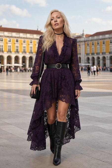 A blonde woman poses in a large plaza wearing a long, high-low purple lace dress with a black belt, paired with black knee-high boots.