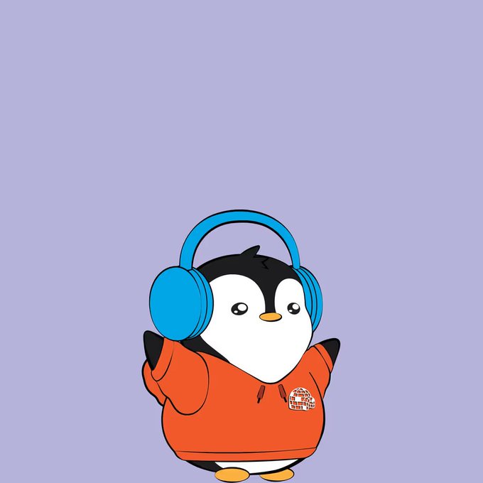 A cute cartoon penguin character wearing blue headphones and a red hoodie with a small logo, standing against a solid lavender background.