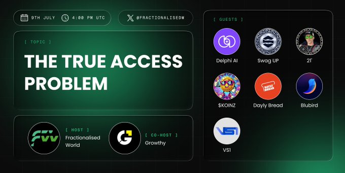 An event announcement graphic for 'THE TRUE ACCESS PROBLEM' taking place on 9th July at 4:00 PM UTC, hosted by Fractionalised World and co-hosted by Growthy, featuring guests Delphi AI, Swag UP, 2T, $KOINZ, Dayly Bread, Blubird, and VSI.