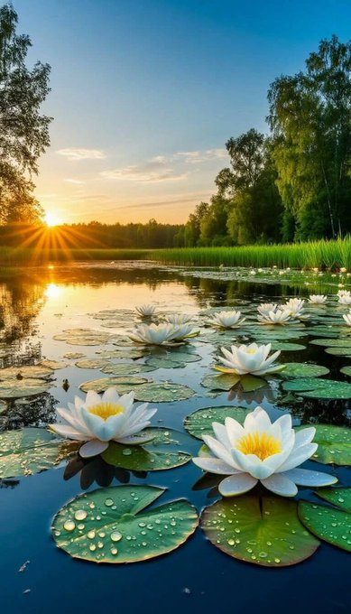 The image features a beautiful scene of water lilies floating on a lake, surrounded by trees and bushes. There are at least 12 white flowers with green leaves spread across the water's surface. The sun is shining brightly over the water, creating a warm glow that enhances the overall ambiance of the scene. The post seems to be promoting a sense of tranquility and relaxation, as it captures the essence of nature in its purest form.
