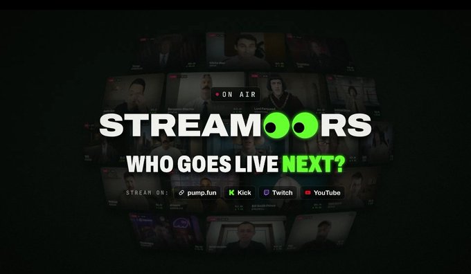 A promotional graphic for Streamoors featuring the text "WHO GOES LIVE NEXT?" and showing streaming platforms including pump.fun, Kick, Twitch, and YouTube.