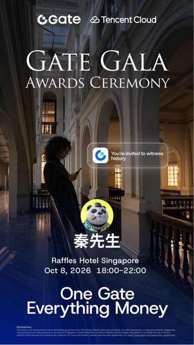 An event poster for the 'GATE GALA AWARDS CEREMONY' hosted by Gate and Tencent Cloud, scheduled for Oct 8, 2026, at Raffles Hotel Singapore, featuring the tagline 'One Gate Everything Money'.
