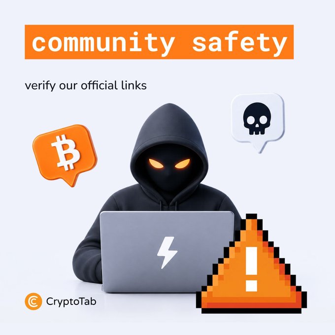 A hooded figure with glowing eyes works on a laptop alongside orange Bitcoin and skull warning icons, captioned "community safety" and "verify our official links" with CryptoTab branding. The image visually reinforces the post's warning about never sharing login credentials, using stereotypical hacker imagery and danger symbols to emphasize the importance of protecting personal account information from compromise.