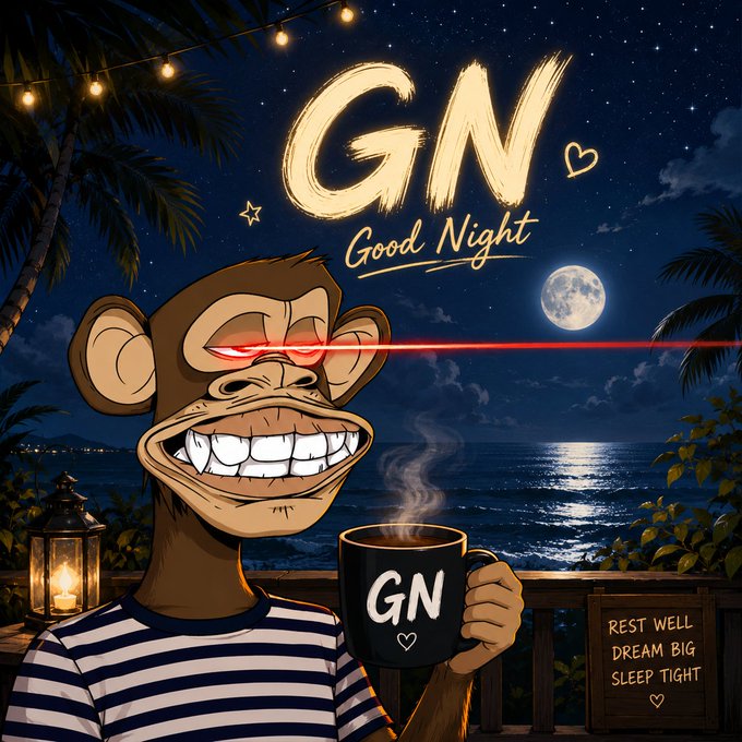 The image features a cartoon monkey holding a cup of coffee while standing near a beach at night with palm trees in the background. The caption reads "Good Night Can I get GN?" which is likely a reference to the popular social media account @River4fun, where users can share their experiences and recommendations for places to visit or things to do around the world.