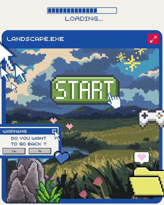 The image features a screenshot of an old PC gaming system with various icons, including "Start" as the most prominent icon. The background includes a mountain range and grassy plains. The title "Landscape.exe" is written above the image. There are also a few small details scattered around the display that contribute to the overall scene's aesthetic. The post is related to the gaming process, where it highlights the importance of exchanging data between the system and the computer network during gameplay or when starting a game from scratch in a PC environment. This message emphasizes how making sure the exchange occurs smoothly can enhance one's experience with the PC gaming system.