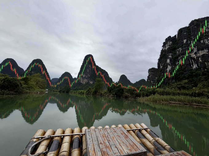 A bamboo raft floats on the calm waters of the Li River, with colorful pennant strings lining the route between Guangxi's iconic karst peaks, perfectly illustrating the gorgeous scenery of the region.