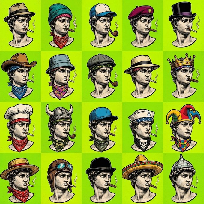 An illustration grid featuring a classical statue bust wearing various types of hats and smoking a pipe, set against a bright green background.