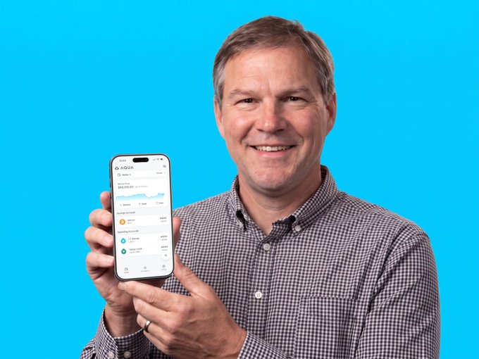 Nick Szabo smiles while displaying a smartphone showing the AQUA wallet app against a bright blue background. The accompanying post highlights Szabo, credited as the creator of smart contracts and a prominent Bitcoiner, as a user of the AQUA app.