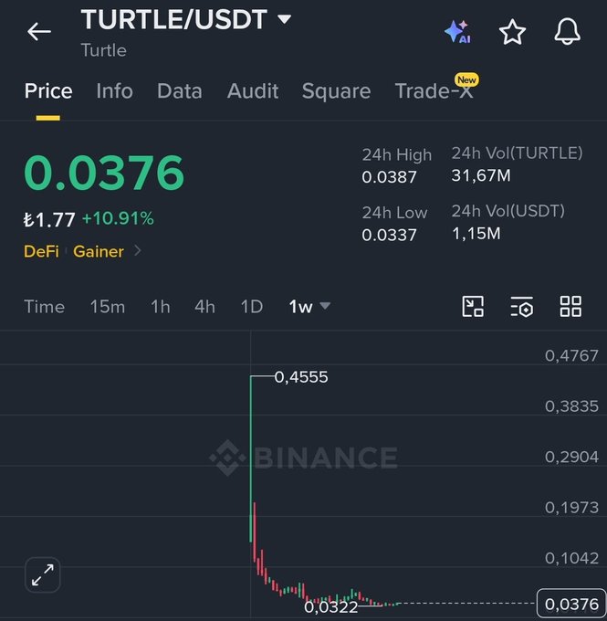A Binance price chart showing TURTLE/USDT at 0.0376 (₺1.77, +10.91%), tagged as a "DeFi Gainer" with a dramatic crash from an all-time high of 0.4555 down to a low of 0.0322, illustrating the post's point about "seemingly dead" low-supply projects that still have potential to rally like $BANK as long as they remain listed.