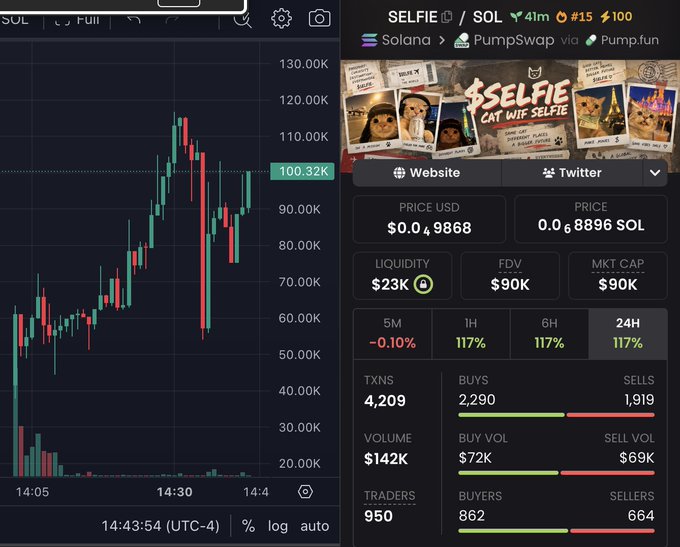A split-screen image showing a cryptocurrency trading chart for $SELFIE on Solana, with the left side displaying a candlestick price chart (peaking around 130.0K) and the right side showing token details including a current price of $0.00009868 (0.00008896 SOL), $23K liquidity, $90K market cap, and a 117% gain over 1H/6H/24H, alongside an image of meme cats wearing $SELFIE catwif hats. The image supports the post's bullish call that $SELFIE is the "next million dollar runner," highlighting its strong recent momentum and trading activity (4,209 transactions, 950 traders) as evidence of the token's rapid growth.