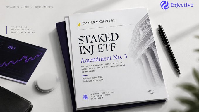 A promotional mock-up for Canary Capital's "STAKED INJ ETF Amendment No. 3" registration statement for the Injective ecosystem, showing a document alongside a pen and a tablet displaying the INJ chart.