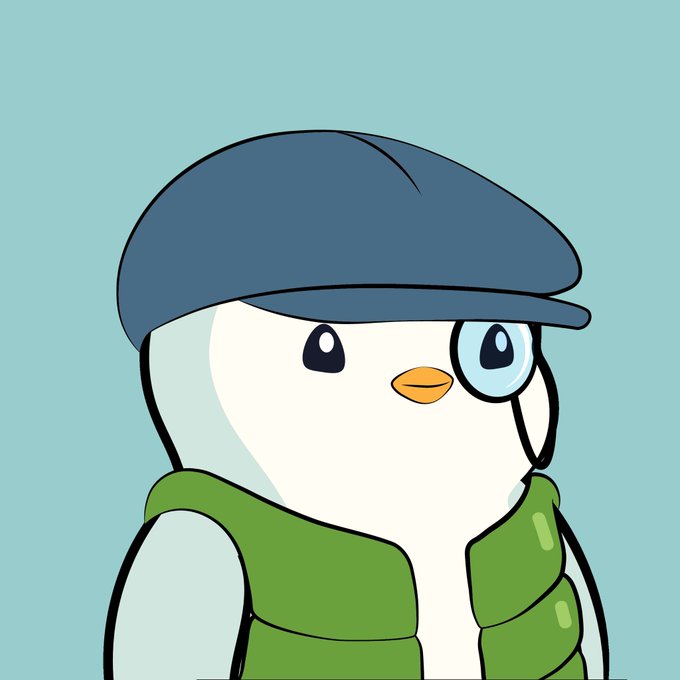 A cartoon illustration of a white penguin-like character wearing a blue flat cap, a green puffy vest, and a monocle over its left eye against a light blue background.