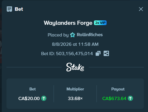 A screenshot of a Stake betting slip shows a 2x VIP bet on "Waylanders Forge" placed by RollinRiches for CA$20.00 with a 33.68× multiplier, resulting in a CA$673.64 payout. The post references Waylanders content, suggesting the user wants tips doubled in exchange for promotional visibility on the platform.
