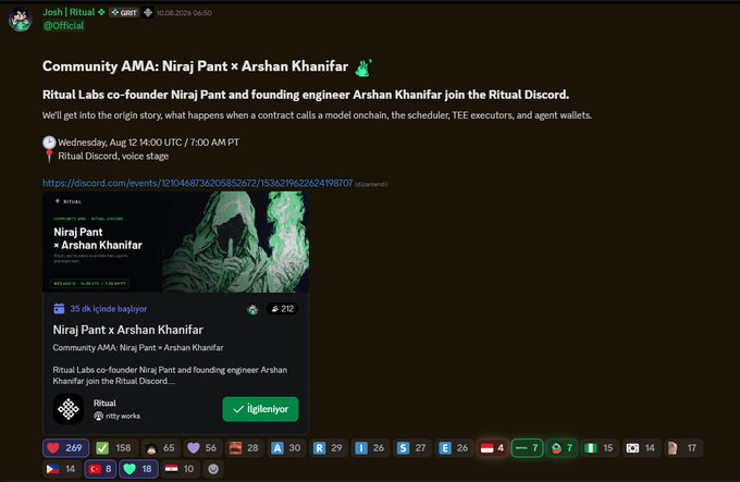 A Discord announcement for a 'Community AMA: Niraj Pant × Arshan Khanifar' hosted by Ritual Labs, scheduled for Wednesday, August 7 at 14:00 UTC on the Ritual Discord voice stage.