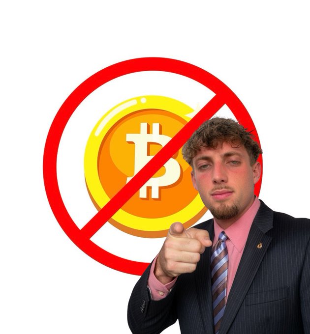 A man in a suit pointing forward in front of a large red "prohibited" symbol over a Bitcoin coin graphic.