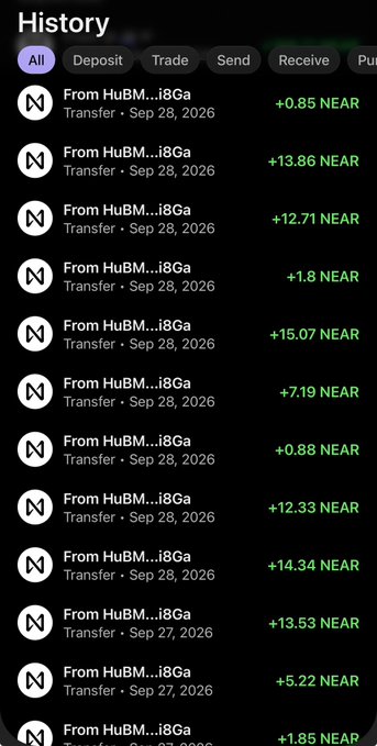 A cryptocurrency transaction history screen showing multiple NEAR token transfers received from 'HuBM...i8Ga' on Sep 27 and Sep 28, 2026, with varying amounts such as +13.86 NEAR and +15.07 NEAR.