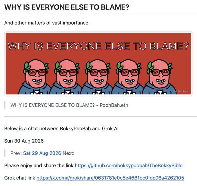 A webpage titled 'WHY IS EVERYONE ELSE TO BLAME?' featuring a cartoon illustration of five identical bald characters with leaves on their heads, linking to a chat between BokkyPooBah and Grok AI dated Sun 30 Aug 2026.
