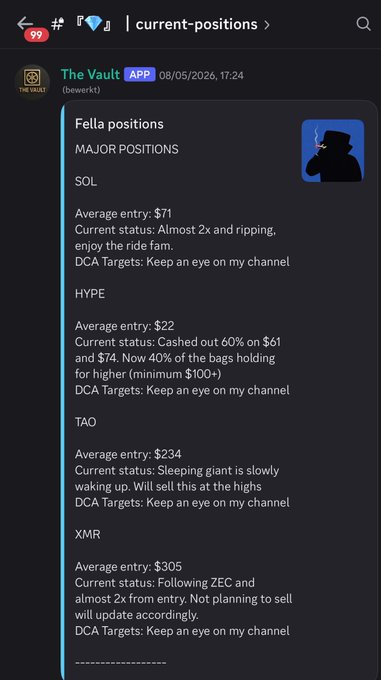 A screenshot of a Telegram post by 'The Vault (bewerkt)' detailing current cryptocurrency positions, including Average entry prices and DCA targets for SOL ($71), HYPE ($22), TAO ($234), and XMR ($305).