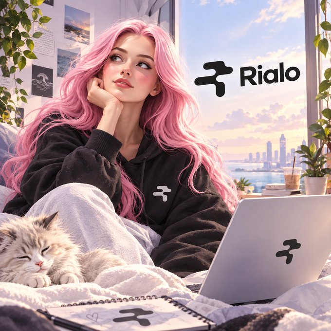 Anime-style illustration of a girl with long pink hair wearing a black hoodie with the "Rialo" logo, sitting next to a sleeping cat with a laptop displaying the same logo and "Rialo" branding in the corner.