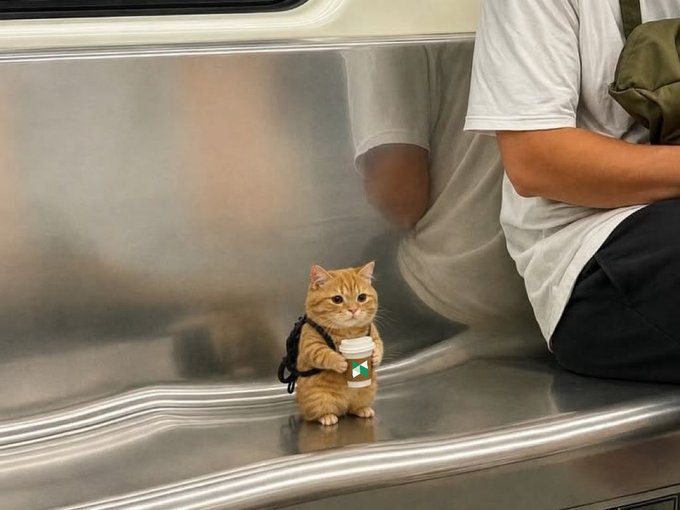 A tiny orange kitten dressed in a miniature harness sits on a subway bench holding a Starbucks cup beside a seated passenger.
