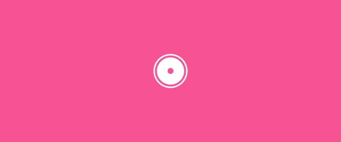 A minimalist graphic showing a white circle with a dot in the center on a solid pink background.