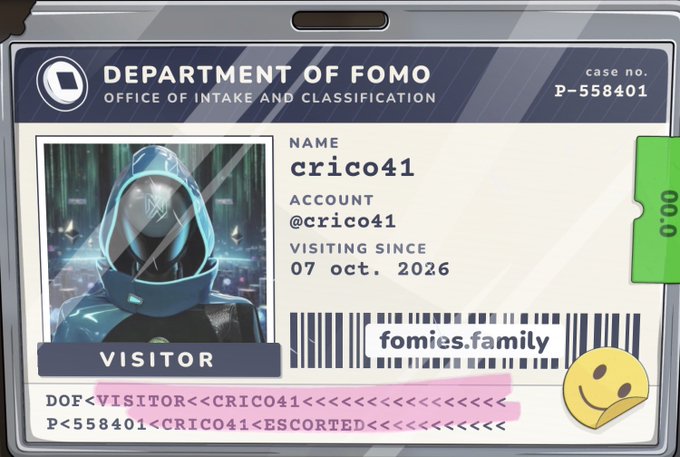 A digital visitor badge from the 'Department of FOMO' for user @crico41, displaying visiting since 07 oct. 2026 and a sci-fi helmet avatar.