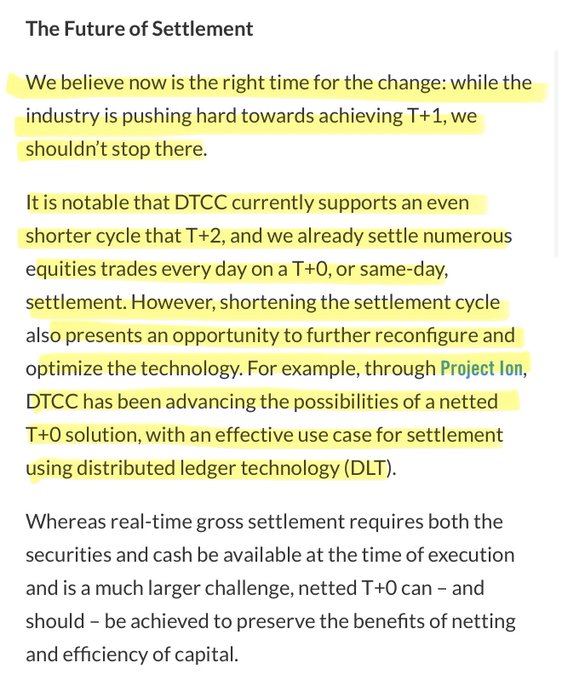 A screenshot of an article titled "The Future of Settlement" discussing DTCC's push toward faster settlement cycles (T+0, T+1, T+2) and their Project Ion, which uses distributed ledger technology (DLT) to enable netted T+0 settlement for equities. The highlighted text aligns with the post's claim that DTCC is adopting blockchain technology to modernize infrastructure, drawing a parallel to XRP's existing use of DLT for cross-border payments.