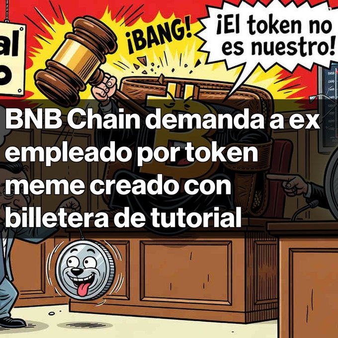 A cartoon-style image with a judge banging a gavel and Spanish text reading 'BNB Chain demanda a ex empleado por token meme creado con billetera de tutorial' and '¡BANG! ¡El token no es nuestro!'.
