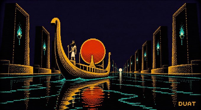 A pixel-art style illustration labeled 'DUAT' depicts an Egyptian figure on a golden boat sailing through a dark channel lined with pillars and flaming torches, set against a large red sun.