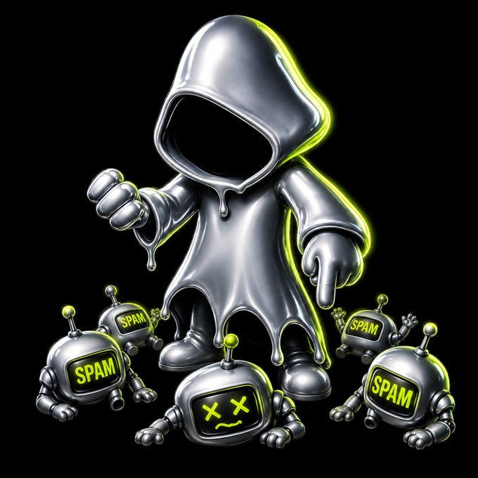 A digital illustration depicts a hooded figure in a silver cloak standing among small robot figures labeled 'SPAM' with X-shaped eyes and a sad face, suggesting a warning against spam or malicious bots.