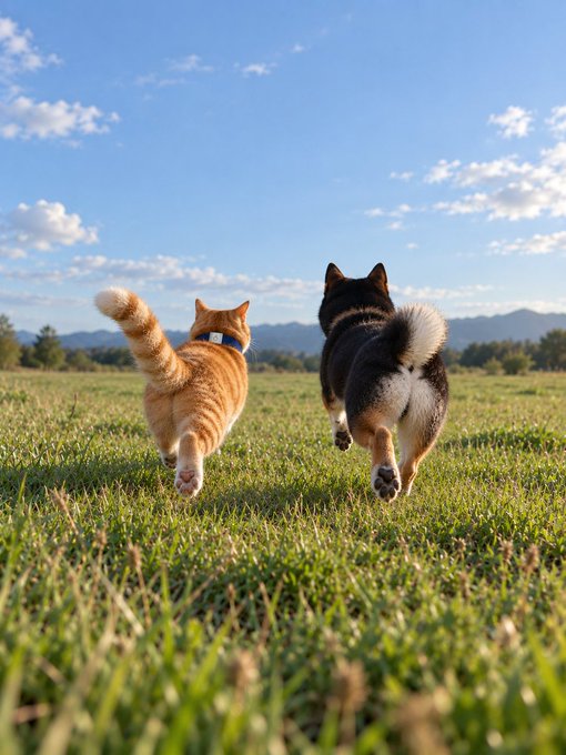 An orange tabby cat and a black and tan dog run together through a grassy field under a partly cloudy blue sky.