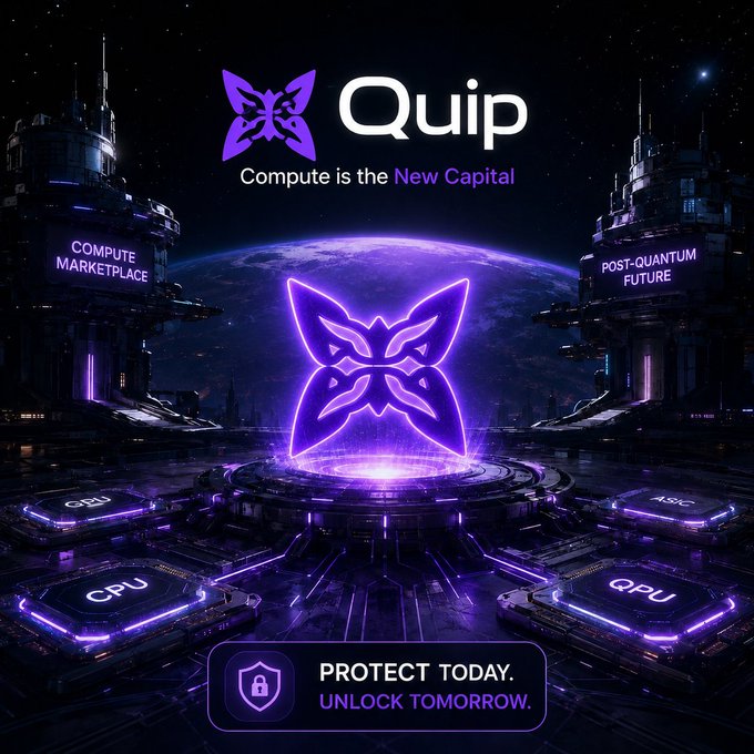 A promotional graphic for Quip featuring a purple butterfly logo with the tagline 'Compute is the New Capital' and surrounding tech elements labeled CPU, GPU, and QPU.