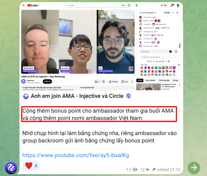 Telegram screenshot of a YouTube live stream titled 'USDC & CCTP on Injective - User Workshop' with Vietnamese text in the chat announcing bonus points for ambassadors attending the AMA and additional points for nominating Vietnam ambassadors.
