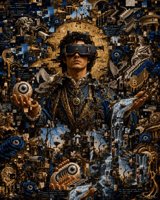 An intricate digital collage depicting a figure wearing a VR headset, surrounded by classical statues, Bitcoin symbols, code snippets, and surreal imagery in gold and blue tones.