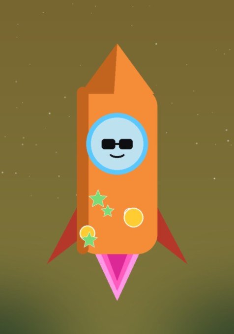 A cartoon illustration of an orange rocket ship with a smiling face wearing sunglasses, decorated with star and circle icons, flying upward against a starry olive-green background.