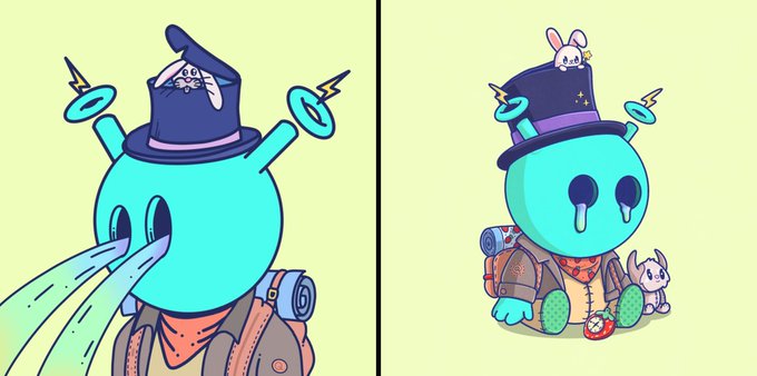 Two cartoon illustrations of a cyan, round-headed character wearing a top hat with a small white bunny peeking out; on the left the character spouts water from its mouth, and on the right it sits wearing a backpack with a small creature beside it.